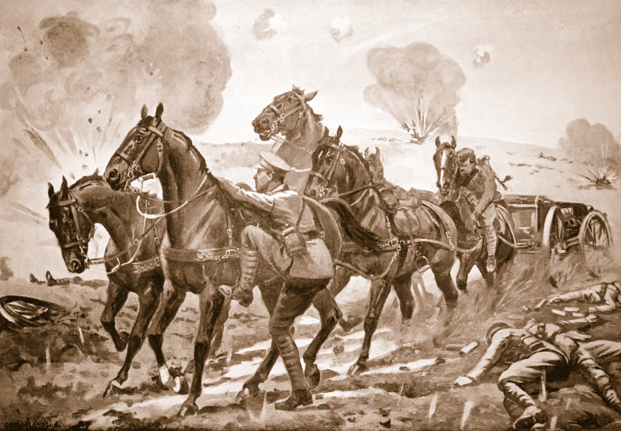 Lance-Corporal Holmes tar en skadad förares plats och hjälper till att driva ut en kanon ur strid under kraftig eldgivning. av George Derville Rowlandson