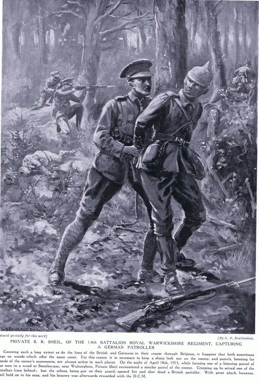 Menig BR Shiel tilldelades DCM för att ha fångat en tysk patruller i Belgien april 1915 av George Derville Rowlandson