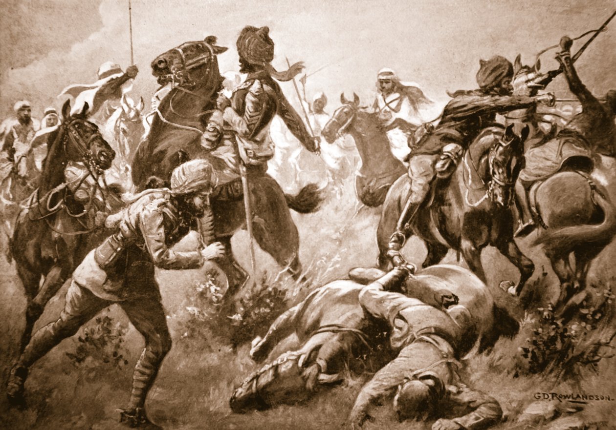 Risaldar Santa Singh, Dafadar Bisham Singh och Sowar Buda Singh bryter igenom arabernas led med hjälp av kapten Willoughby av George Derville Rowlandson