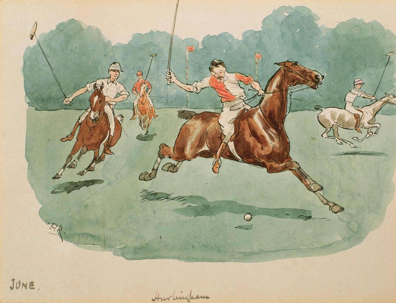 Juni månad: Polo (penna och bläck och wc på papper) av George Derville Rowlandson