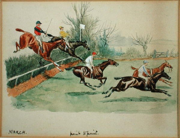 Mars månad: Point to Point (penna & bläck och akvarell på papper) av George Derville Rowlandson
