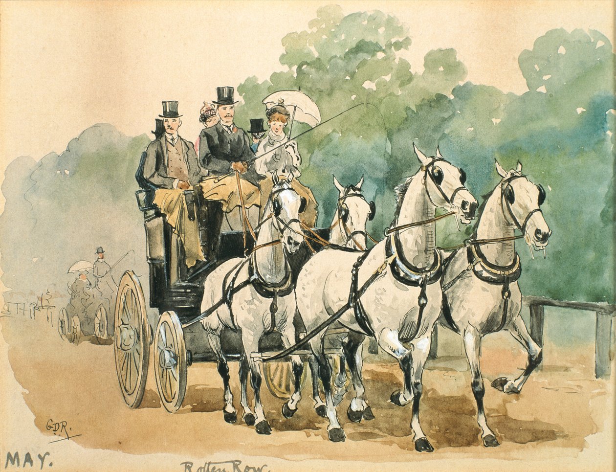 Maj månad: Coaching (penna & bläck och wc på papper) av George Derville Rowlandson
