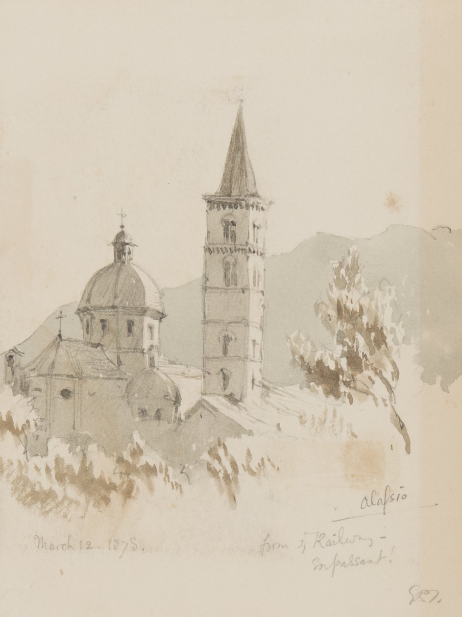 Alassio, från ye Railway, En Passant!, 12 mars 1878 (penna & wc på papper) av George Douglas Tinling