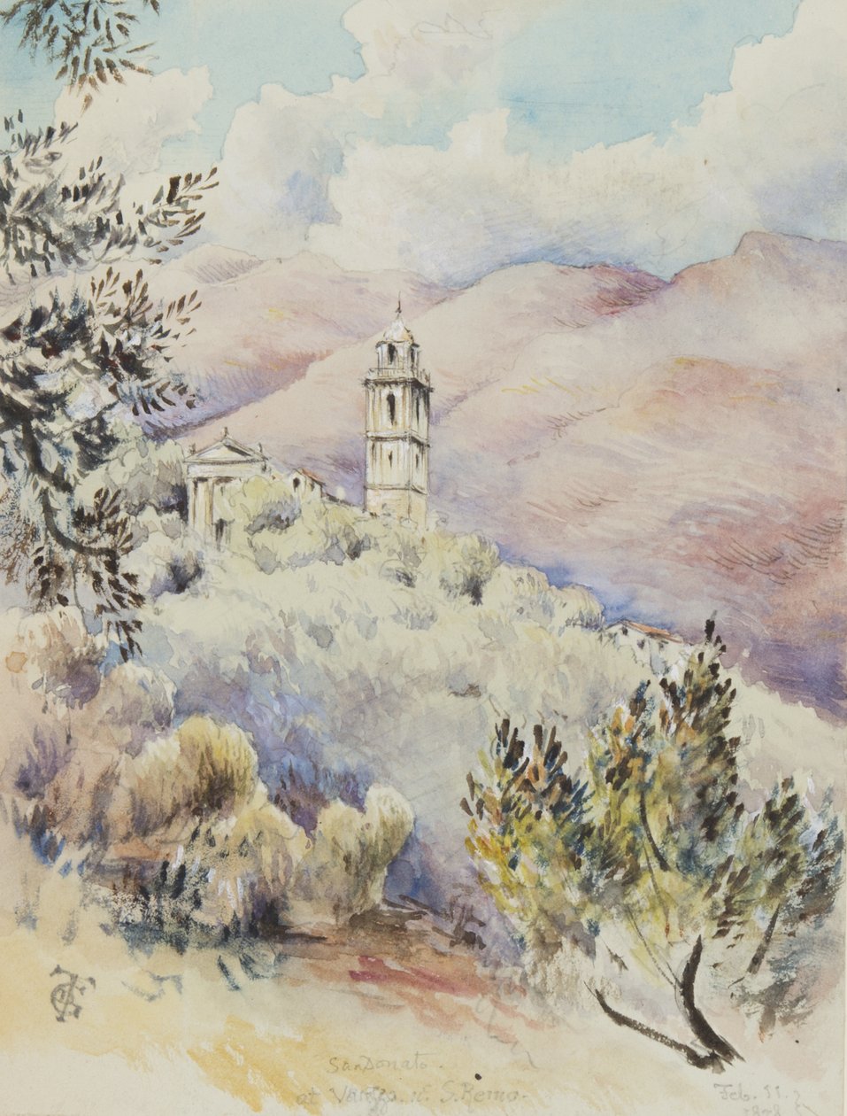 Kyrkan San Donato, Varezzo, nära San Remo, 11 februari 1878 (wc på papper) av George Douglas Tinling