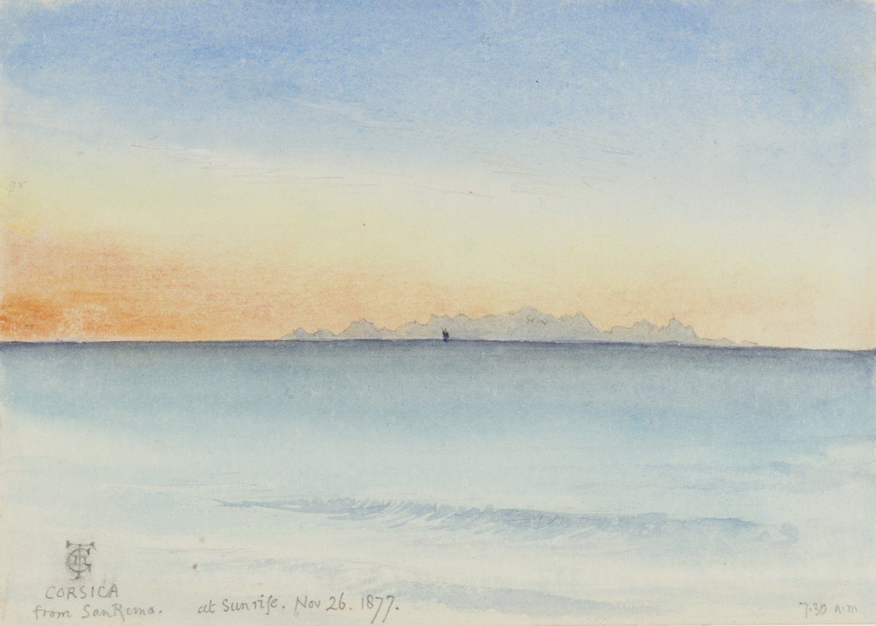 Korsika från San Remo vid soluppgången, 07.30 den 26 november 1877 (wc på papper) av George Douglas Tinling