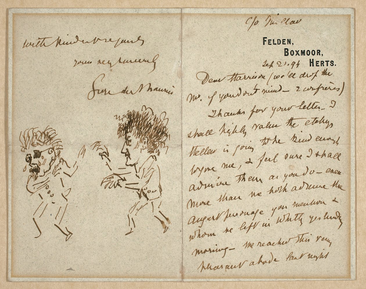 Brev med teckning av Whistler som hotar Du Maurier av George du Maurier