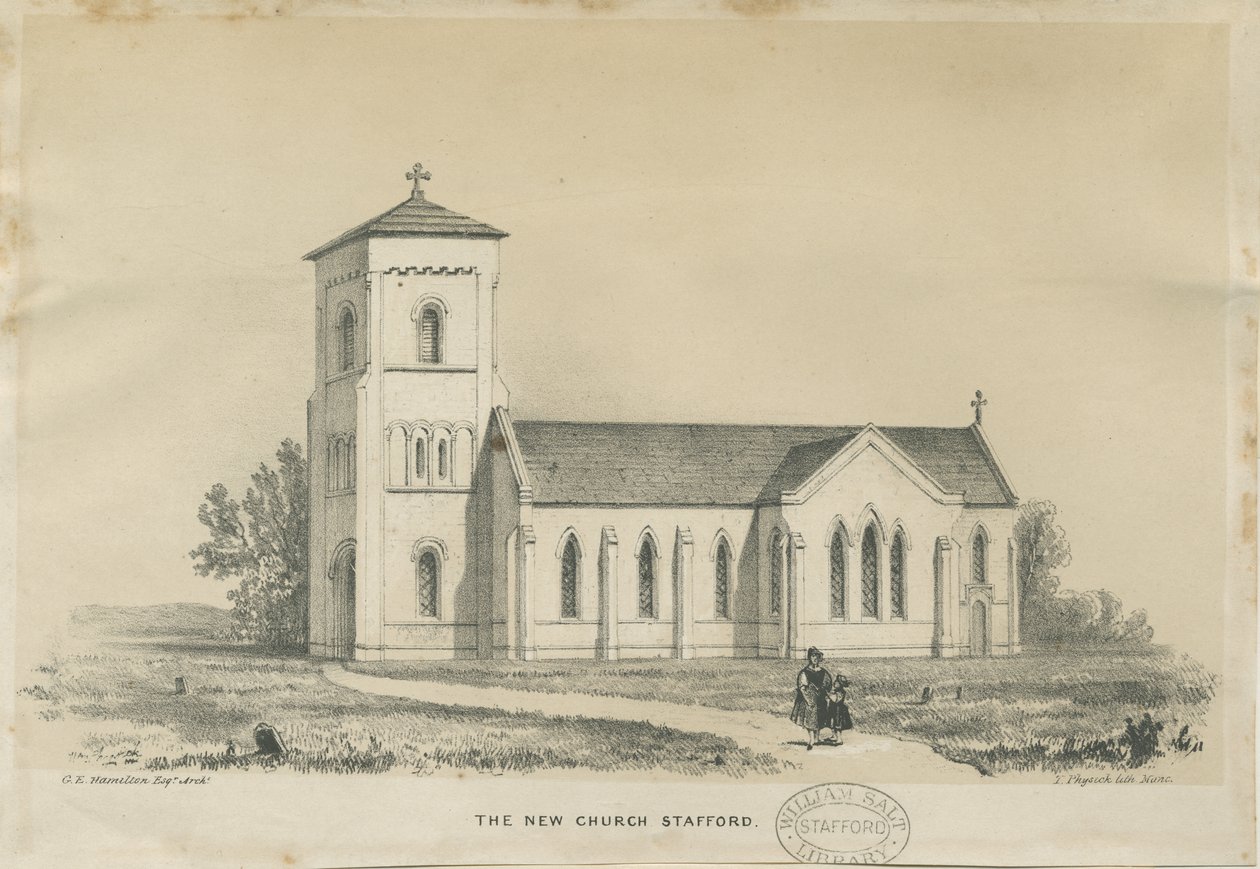 Stafford - Christ Church: tonad litografi och [?mitten av 1800-talet] (tryck) av George E. Hamilton