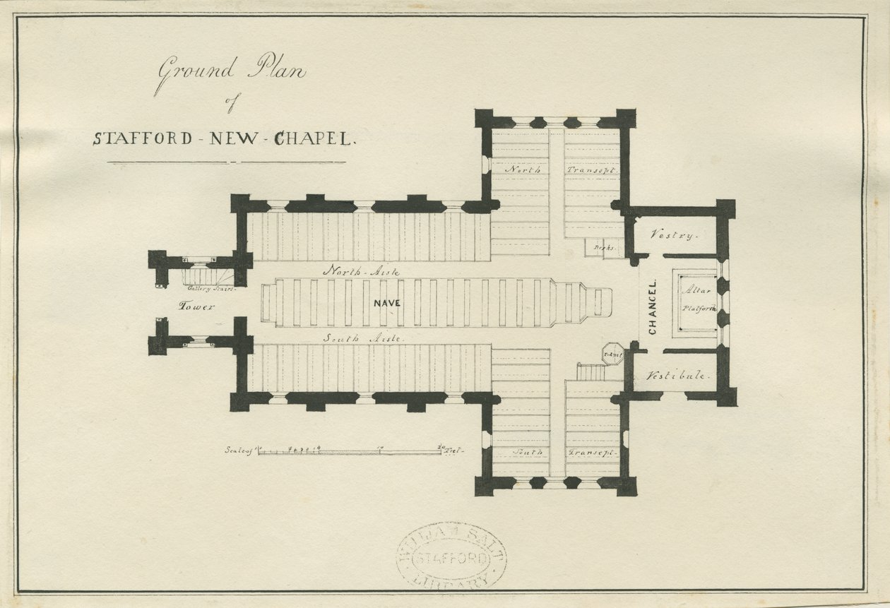 Stafford - Grundplan för Christ Church: ritning med penna och bläck, nd [c 1838] (ritning) av George E. Hamilton