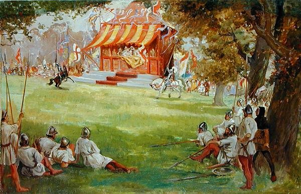 A Jousting Tournament, från Sir Nigel and the White Company av Sir Arthur Conan Doyles (1859-1930) (olja på duk nedlagd ombord) (se även 140868) av George Edmund Butler
