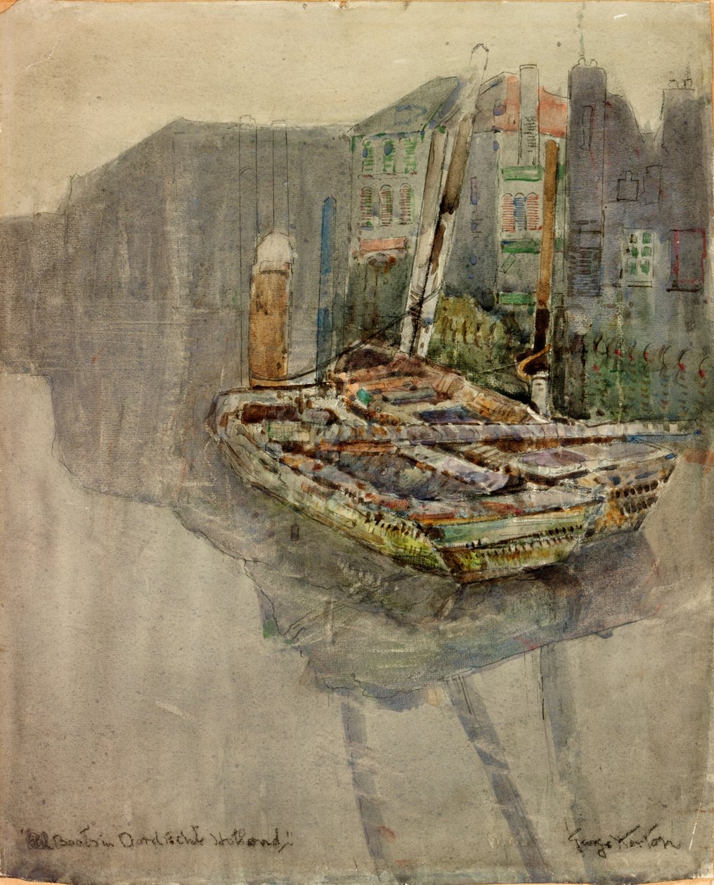 Ålbåtar i en kanal i Dordrecht, Holland (kol och akvarell på papper klistrat på kort) av George Edward Horton