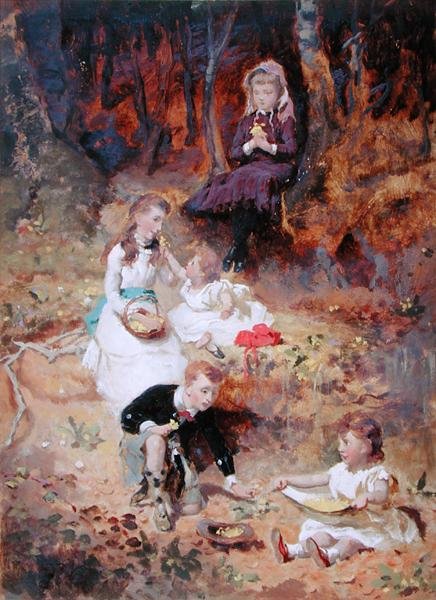 Fem barn som leker i skogen (olja på kort) av George Elgar Hicks
