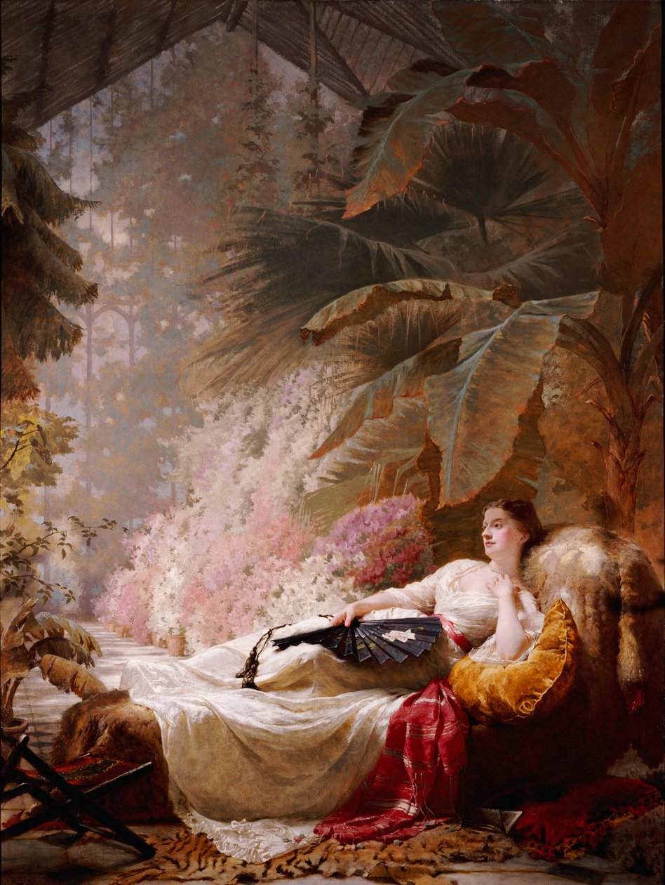 Porträtt av Adelaide Maria Guinness, liggande på en soffa i ett uterum, 1885 av George Elgar Hicks