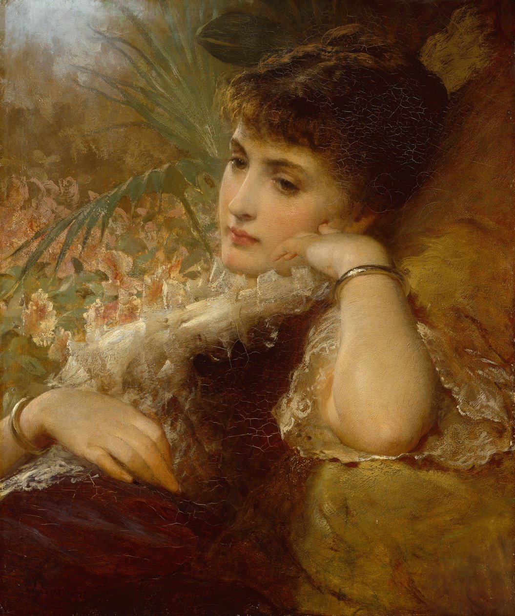 Porträtt av en dam (olja ombord) av George Elgar Hicks