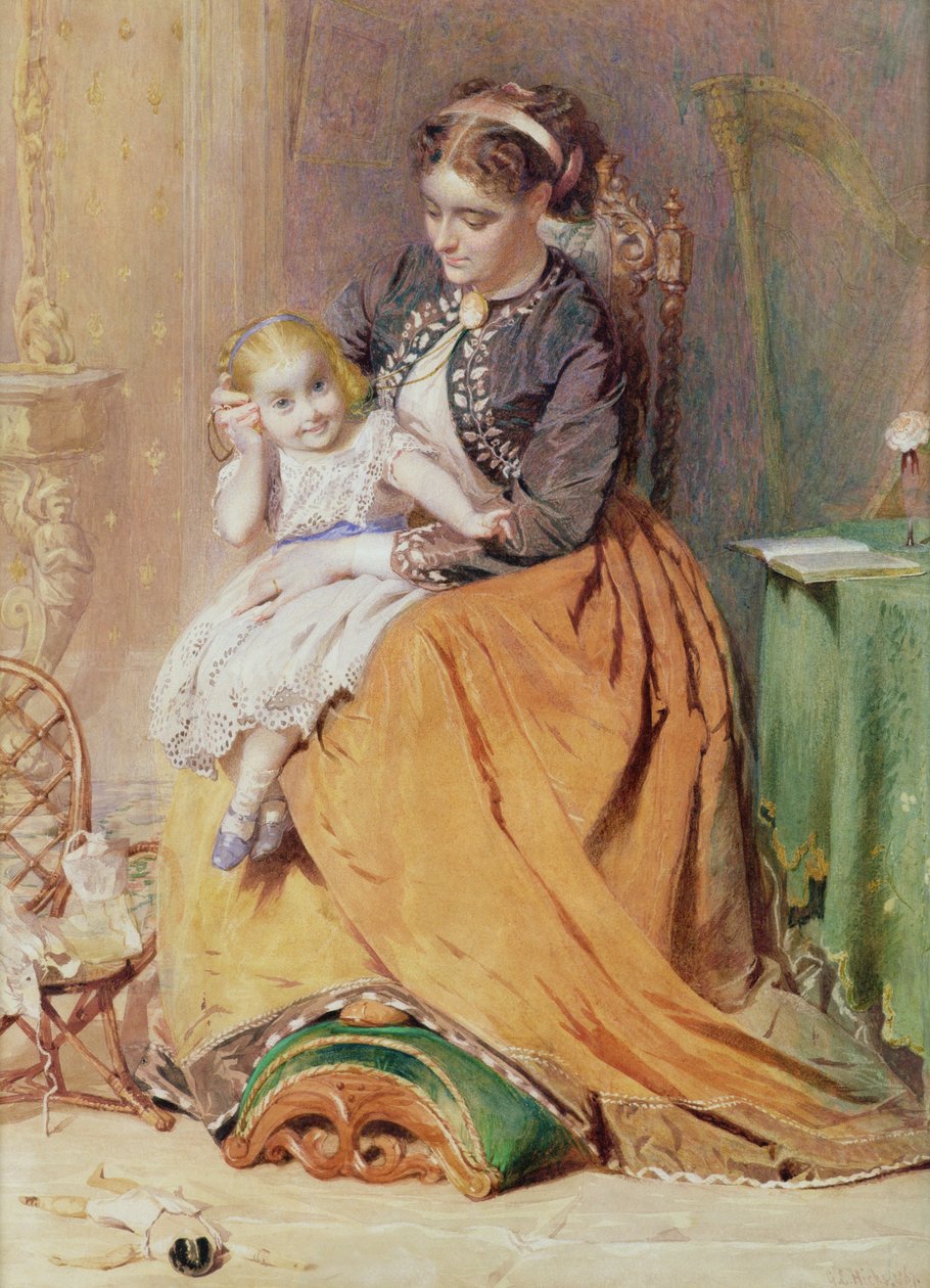 Tick, Tick, Tick - en tjej som sitter i sin mammas knä och lyssnar på sin guldklocka som tickar, 1867 av George Elgar Hicks