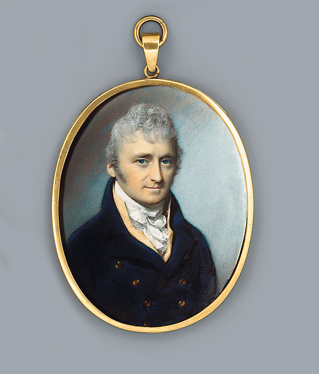 Mr Uthoff, i blå kappa med guldknappar, gulfärgad väst och knuten halsduk, pudrat lockigt hår, 1805 av George Engleheart