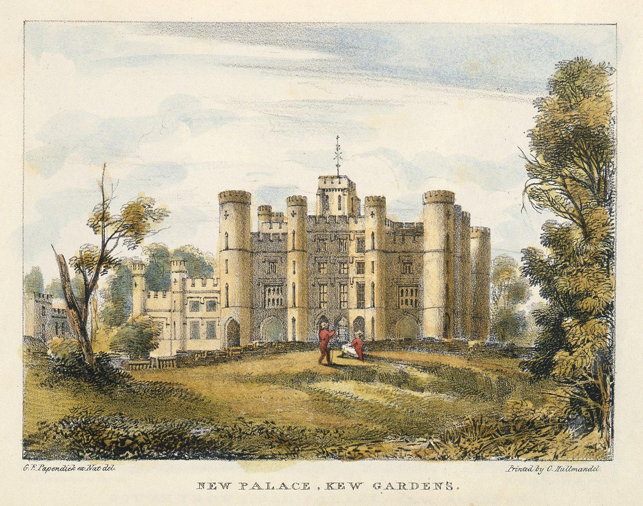 New Palace, Kew Gardens, skylt 1 från Kew Gardens: A Series of Twenty-Four Drawings on Stone, graverad av Charles Hullmandel (1789-1850) publicerad 1820 (handfärgad litho) av George Ernest after Papendiek
