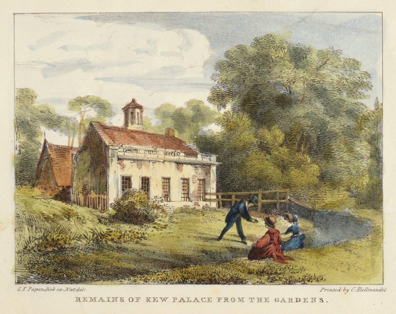 Remains of Kew Palace from the Gardens, skylt 6 från Kew Gardens: A Series of Twenty-Four Drawings on Stone, graverad av Charles Hullmandel (1789-1850) publicerad 1820 (handfärgad litho) av George Ernest after Papendiek