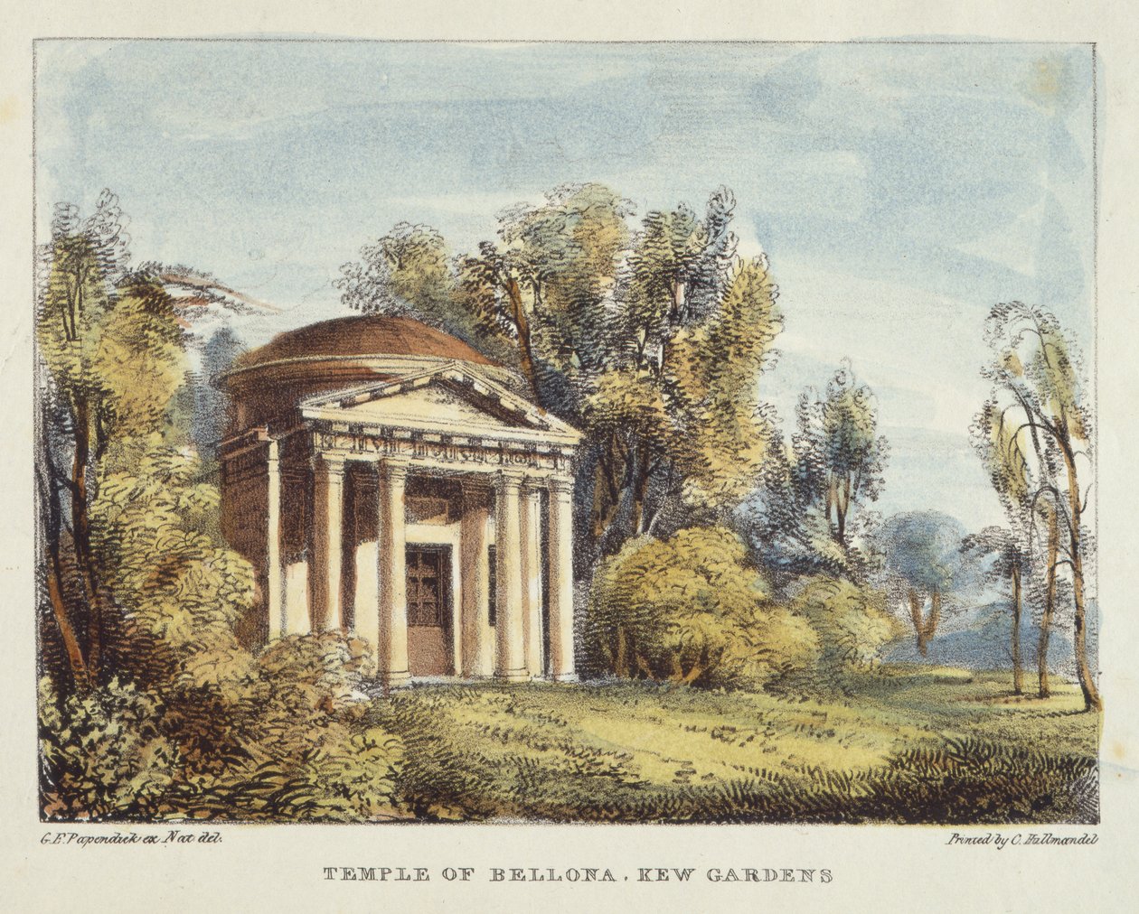 Temple of Bellona, Kew Gardens, plåt 24 från Kew Gardens: A Series of Twenty-Four Drawings on Stone, graverad av Charles Hullmandel (1789-1850) publicerad 1820 (handfärgad lito) av George Ernest after Papendiek