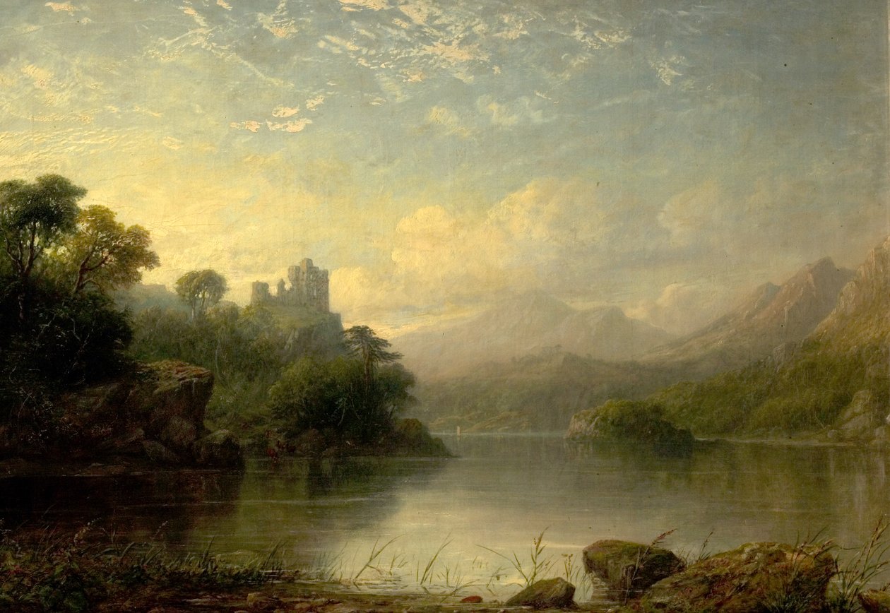 Sjöscen med ruinerade slott och berg, 1800-talet av George F. Buchanan