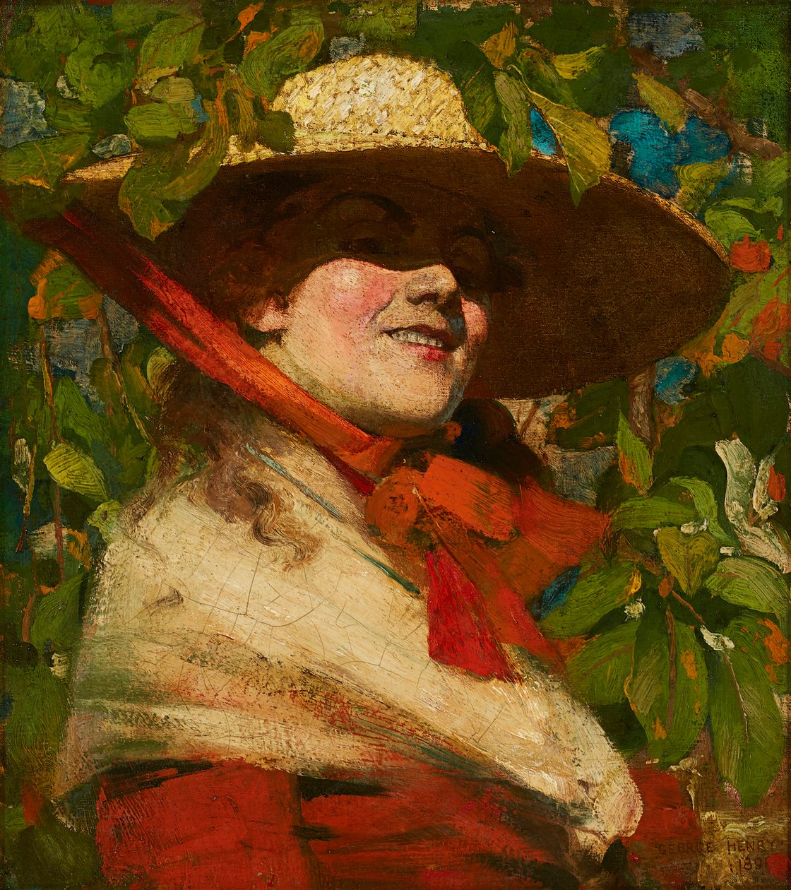 Flicka med stråhatt (olja på duk) av George F. Henry