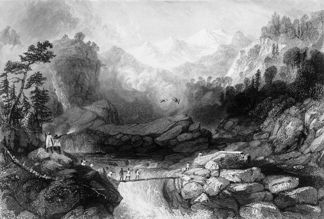 "Gå över en Sangha, nära Jumnootree", 1838. av George Francis White