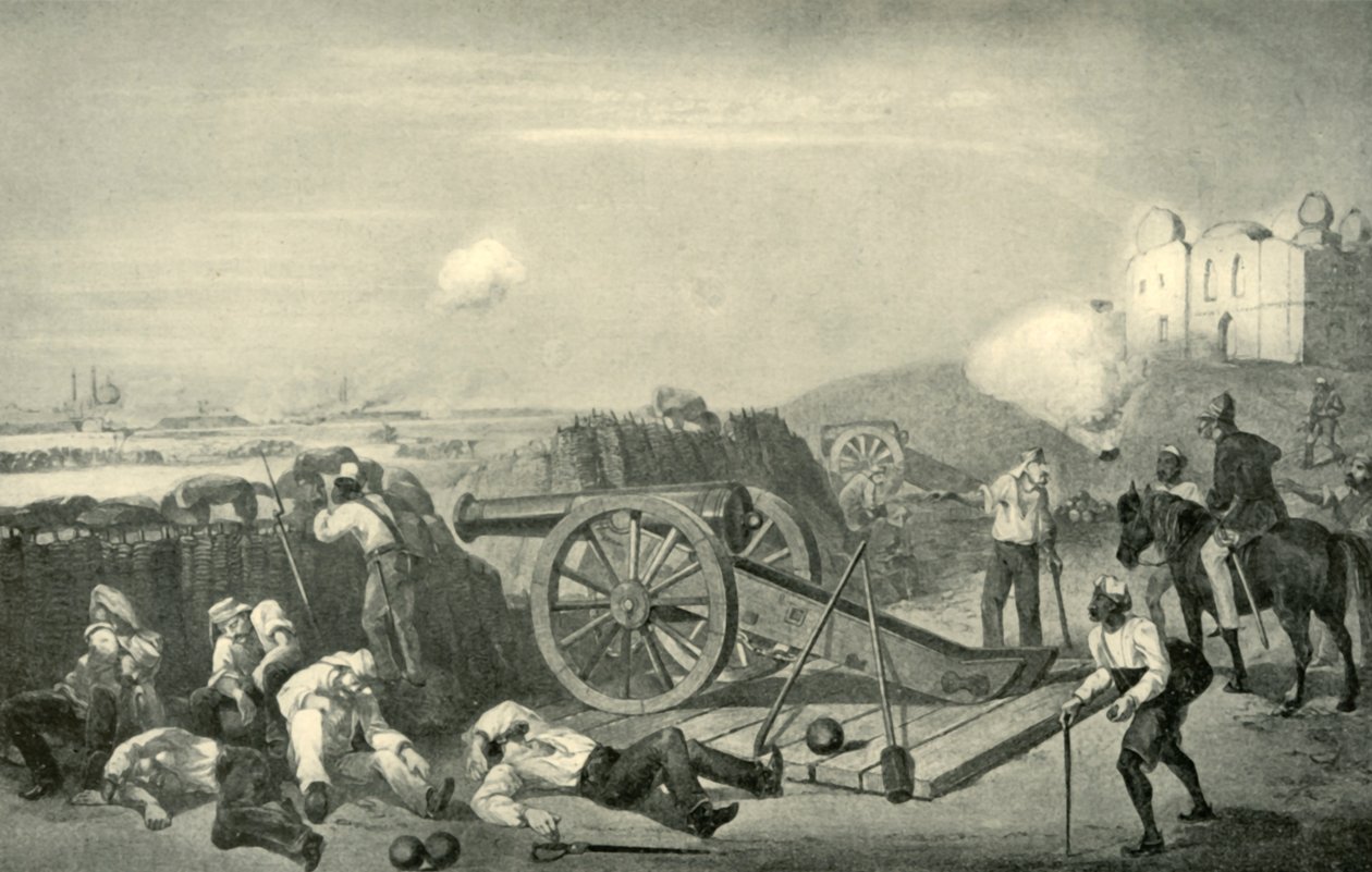 En tung dag i batterierna före Delhi, 1857, 1901. av George Francklin Atkinson