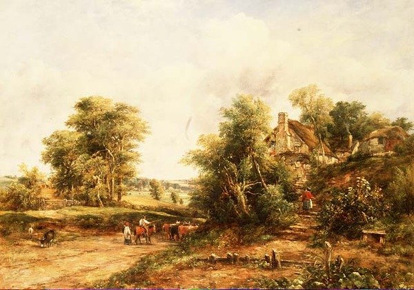 Sommarlandskap på kvällen med chaufförer och boskap av George Frederic Watts