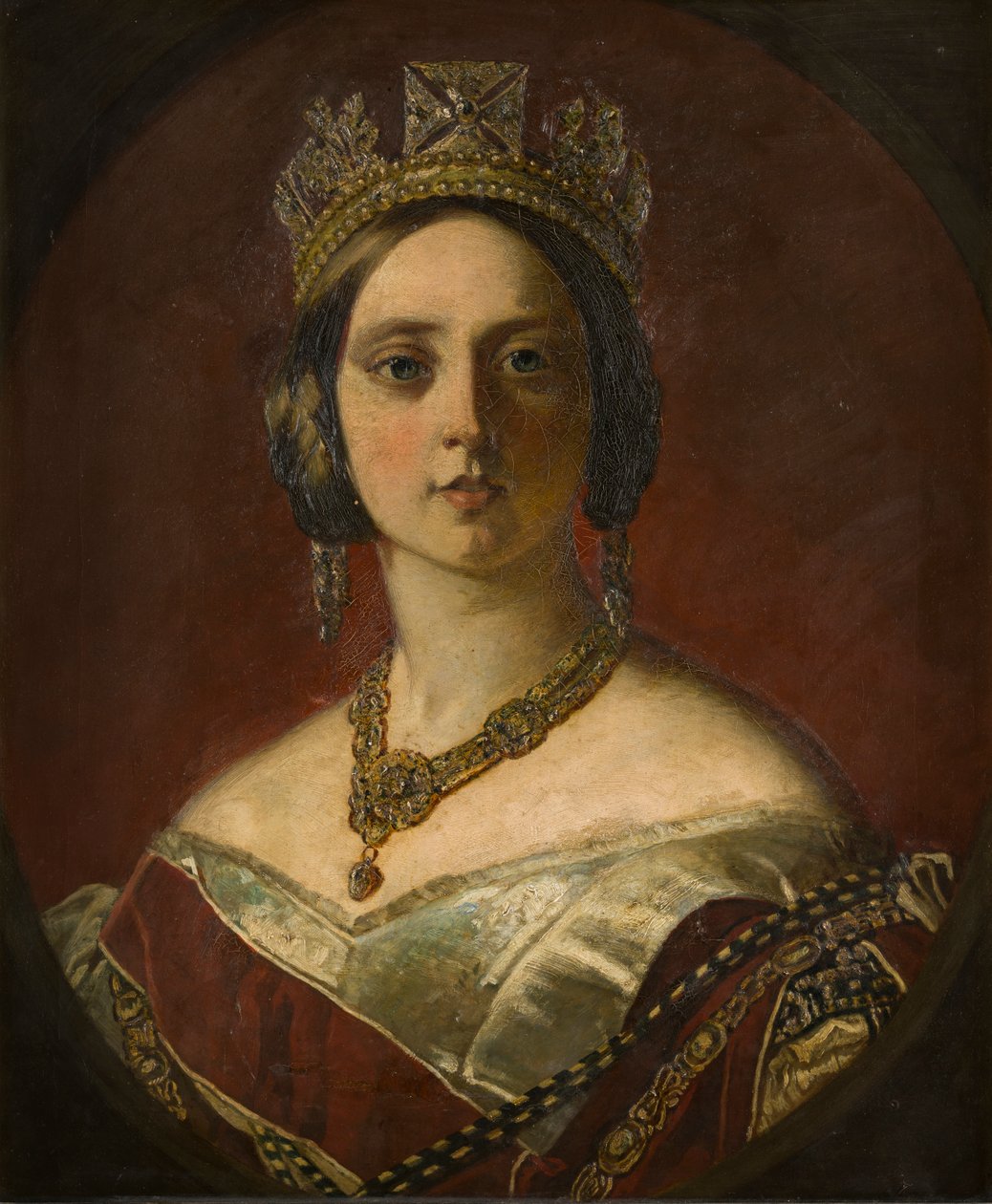 Porträtt av drottning Victoria, när en ung dam (1819-1901), ca 1843-1901 (olja på duk) av George Frederick Clarke