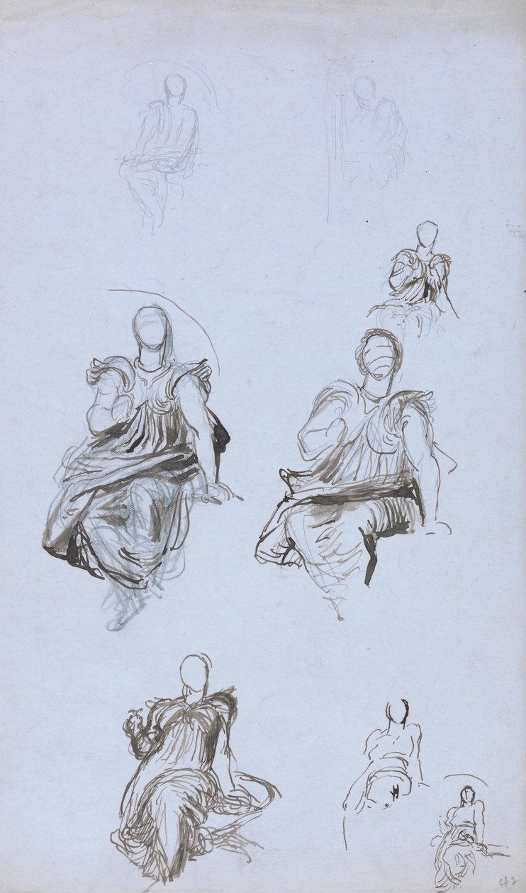 Studier av en sittande figur med en bok (penna & brunt bläck och grafit på blått papper) av George Frederick Watts