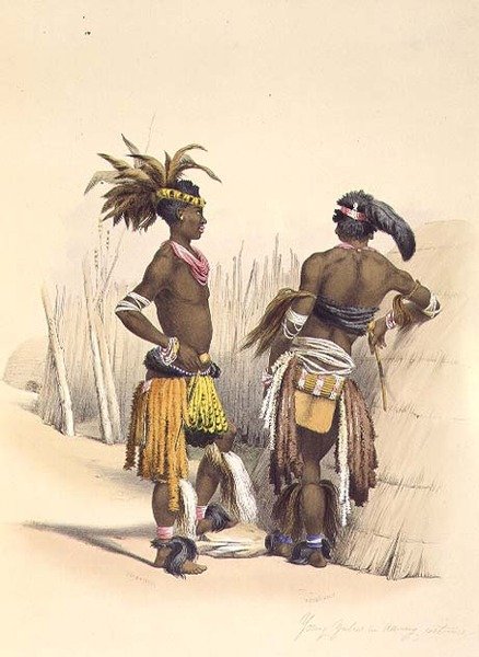 Umbambu och Umpengulu, unga zulus i dansdräkt, skylt 15 från 