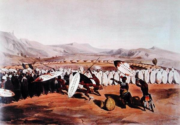 Umpanda granskar sina trupper vid Nonduengo, graverad av J.Needham, ca 1849 (färg litho) av George French (after) Angas