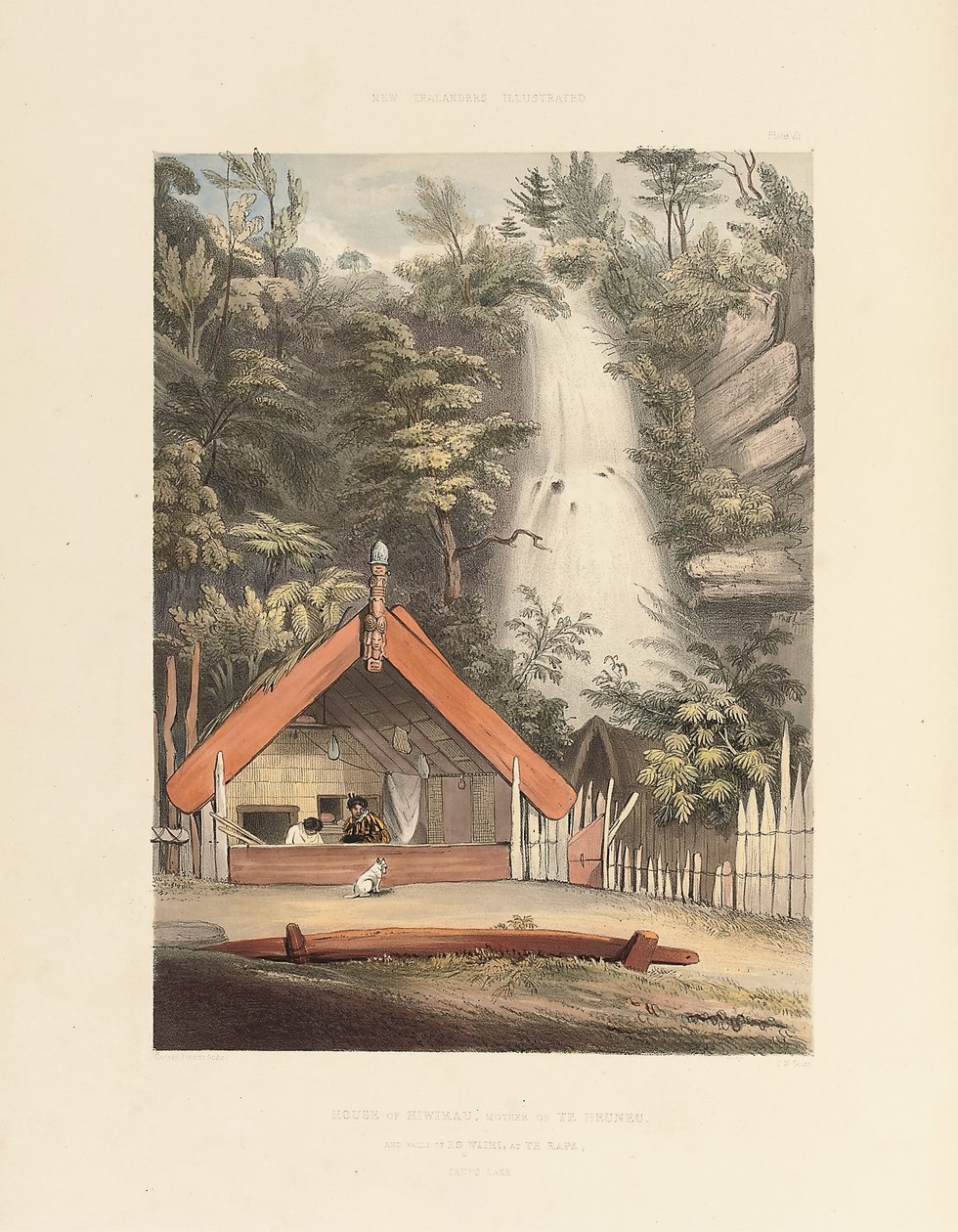 House of Hiwikau, Mother of the Heuneu, och Falls of Ko Waihi, vid Te Rapa, skylt 21 från "The New Zealanders Illustrated", 1847 av George French Angas
