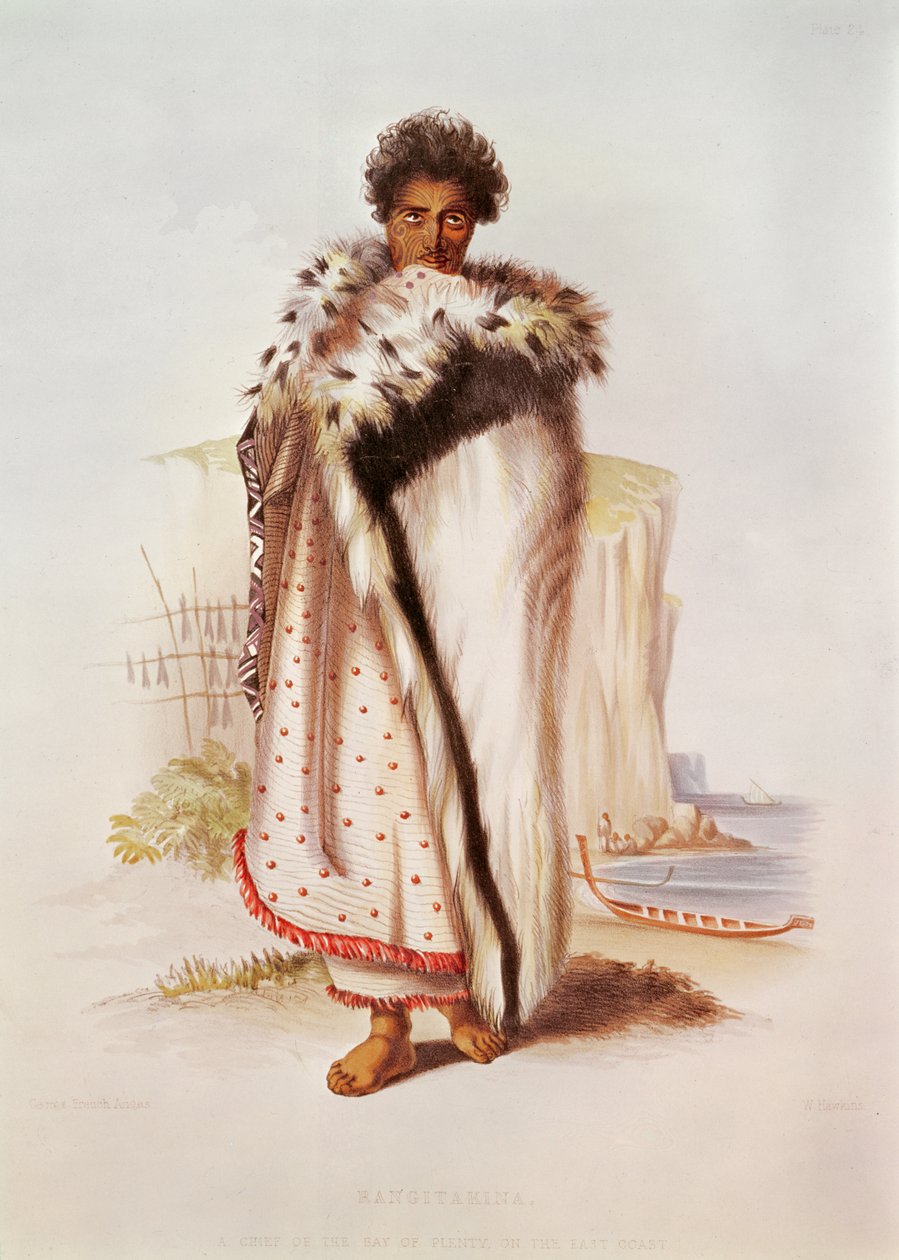 Rangitakina, en chef för Bay of Plenty på östkusten, illustration från Nya Zeeland Illustrerad, graverad av W. Hawkins, ca 1845 av George French Angas
