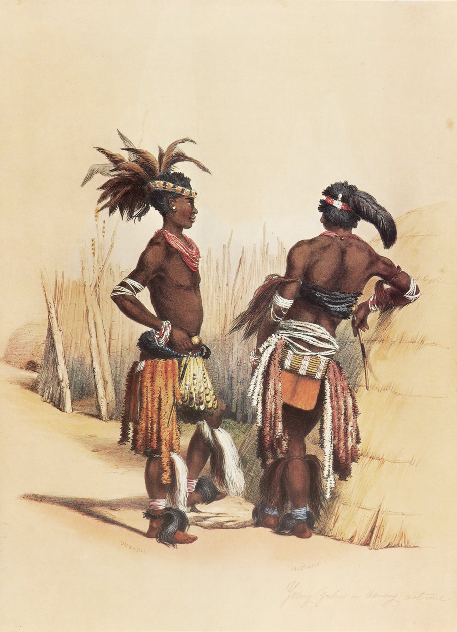 Två unga Zulu-män, klädda i livfulla traditionella kläder av George French Angas