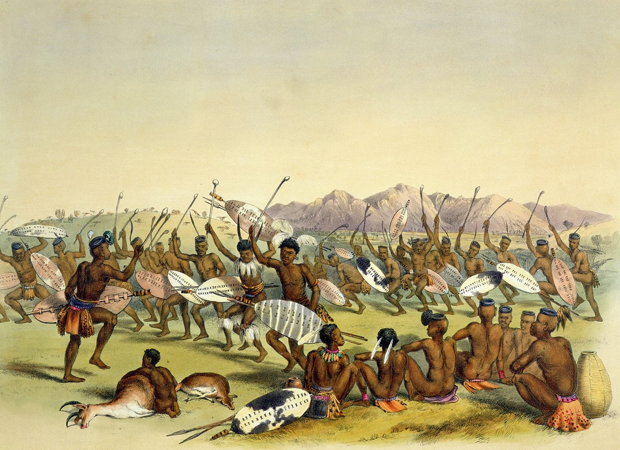 Zulu jaktdans nära Engooibergen, tavla 14 från "The Kafirs Illustrated", 1849 av George French Angas