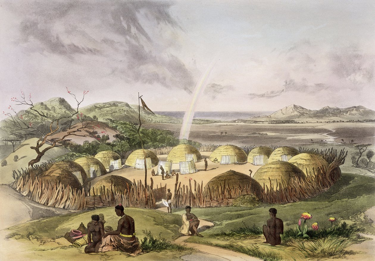 Zulu Kraal nära Umlazi, Natal, platta 27 från  av George French Angas