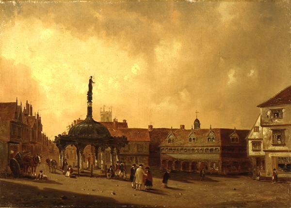 Utsikt över The Cornhill, Ipswich (olja på duk) av George Frost