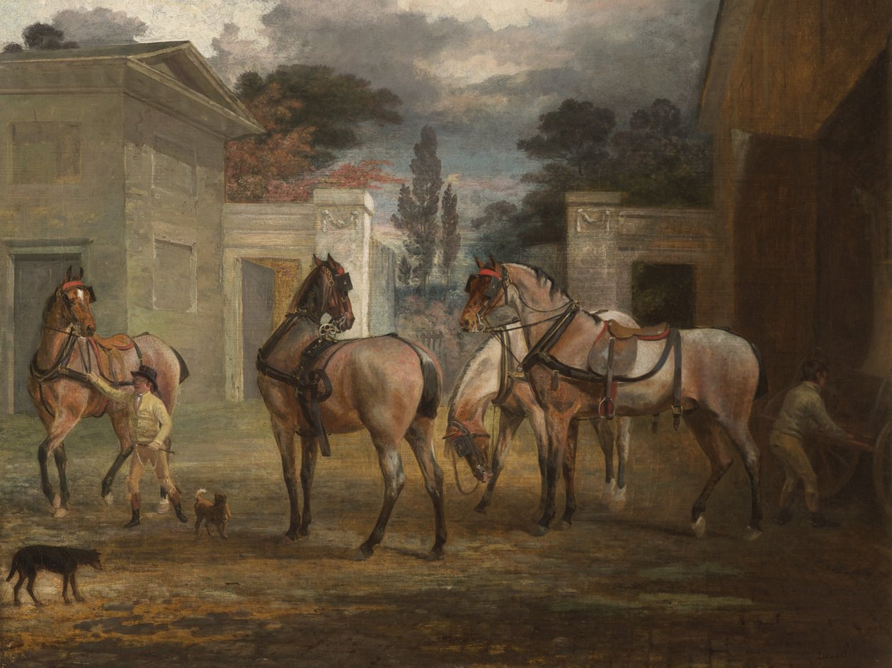 Fyra Roan Coach Horses with Two Grooms, 1792 av George Garrard