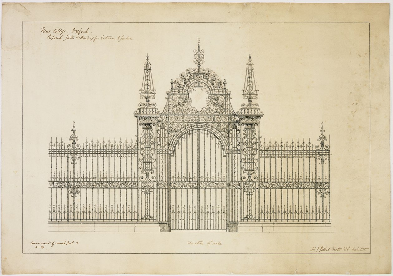 New College Oxford: Föreslagna portar och räcke för entré till trädgård av George Gilbert Scott