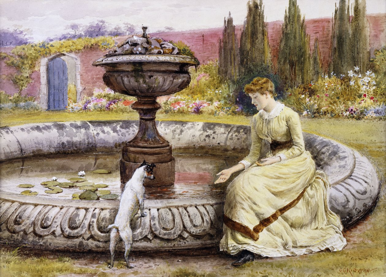En dam och en hund bredvid en prydnadspool, av George Goodwin Kilburne