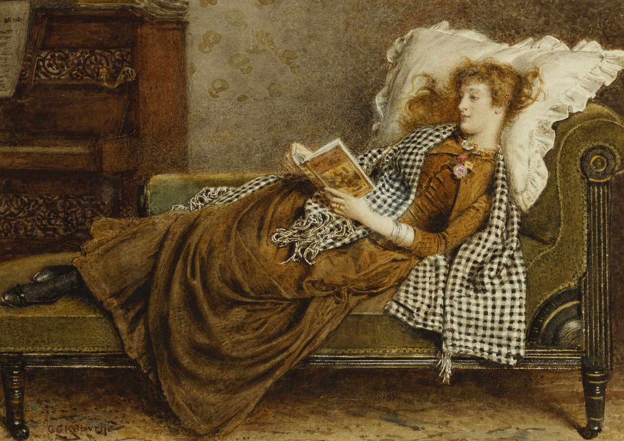 En ung dam som läser i en interiör, av George Goodwin Kilburne