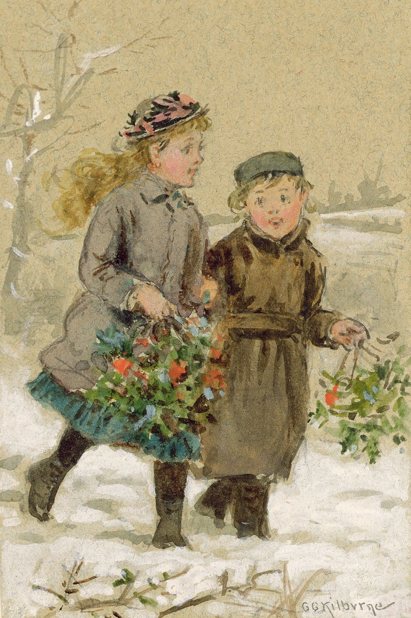 Children Playing in the Snow - Collecting Holly (wc förhöjd med vitt på papper) (se 224240 för par) av George Goodwin Kilburne