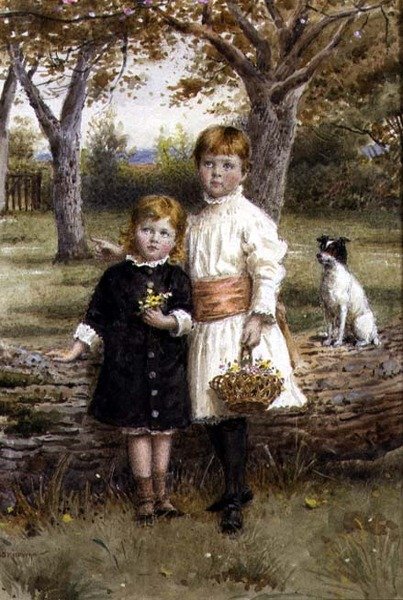 Två systrar med en korg med blommor av George Goodwin Kilburne