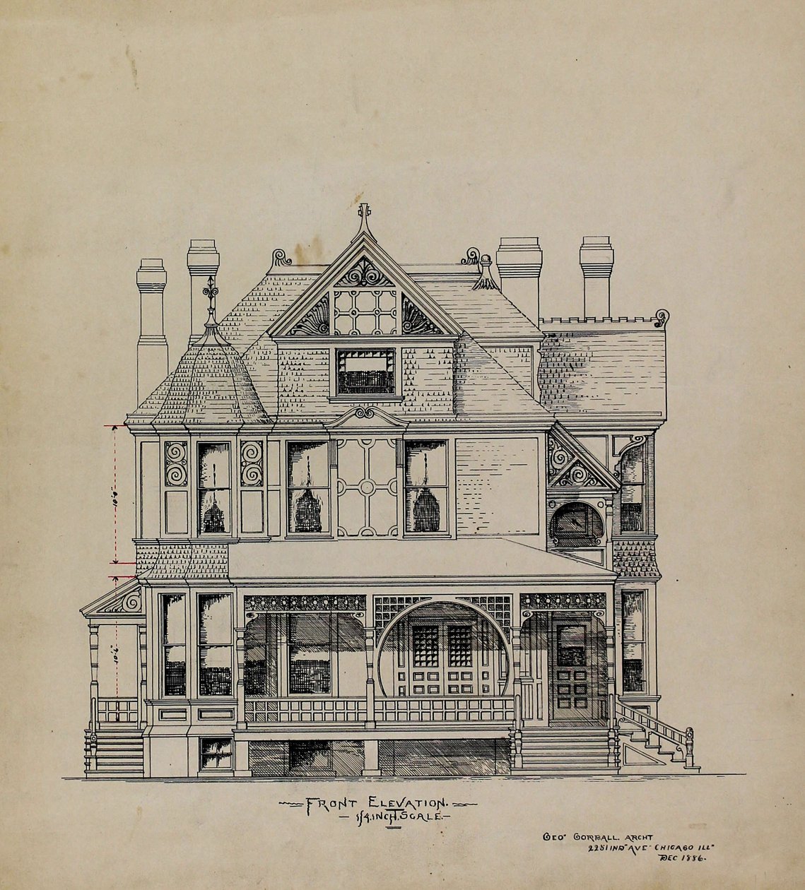 Presentationsdesignritningar, bostad för Dr. Stratford, Chicago, Illinois, Front Elevation av George Gorball