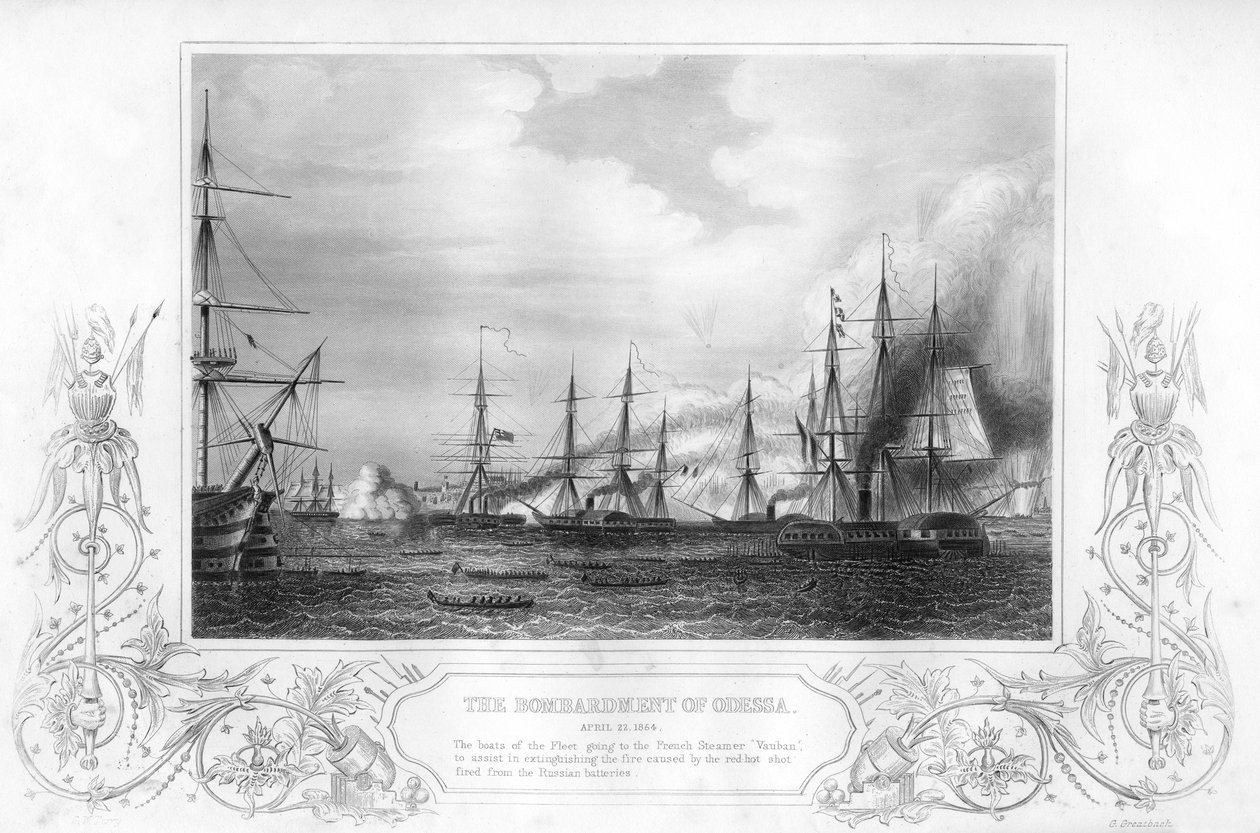 Bombardementet av Odessa, Ukraina, under Krimkriget, 1854-1857. av George Greatbatch