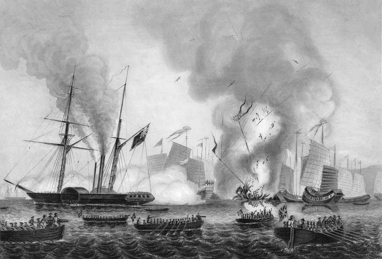 Förstörelsen av det kinesiska krigsskräpet i Ansons Bay, 7 januari 1841 c1857. av George Greatbatch