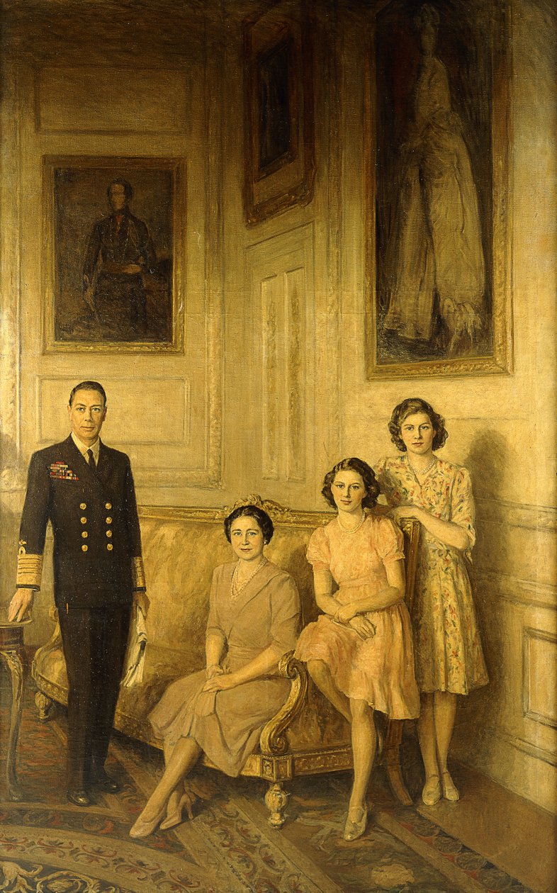 Kungafamiljen: kung George VI, drottning Elizabeth och deras två döttrar, prinsessan Margaret och prinsessan Elizabeth av George Harcourt