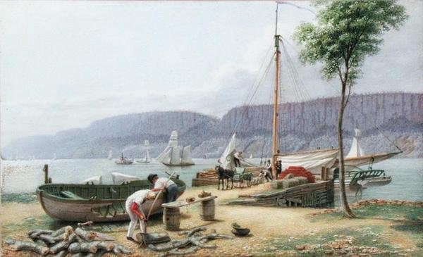 Eftermiddag - Hastings Landing. Palisade Rocks i Shadow, New York, ca 1836 (akvarell, gouache och grafit på papper) av George Harvey
