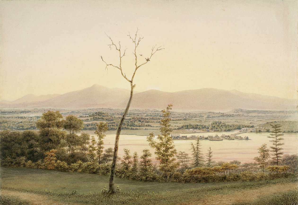 Early Twilight, Kaatskill Catskill Landing and Mountains from the East Bank of the Hudson, New York, 1840 (akvarell, grafit, selektiv glasering, gouache och inslag av att skrapa ut på papper för av George Harvey