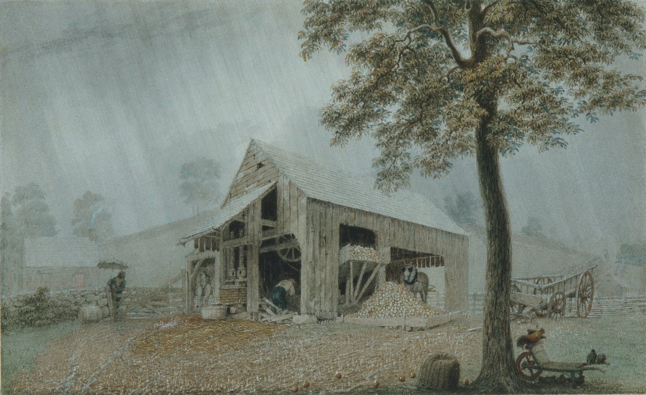 Regnstorm, Cider Mill i Redding, Connecticut, ca 1840 (akvarell och gouache på vitt vävt papper) av George Harvey